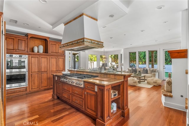 kitchen with a center island, premium range hood, light stone countertops, appliances with stainless steel finishes, and wood-type flooring