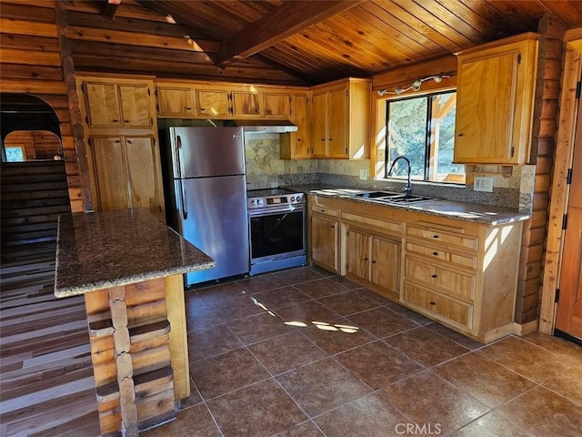 kitchen featuring decorative backsplash, appliances with stainless steel finishes, wood ceiling, dark tile patterned floors, and sink