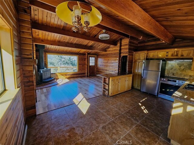 interior space with dark hardwood / wood-style flooring, a wood stove, wood ceiling, and vaulted ceiling