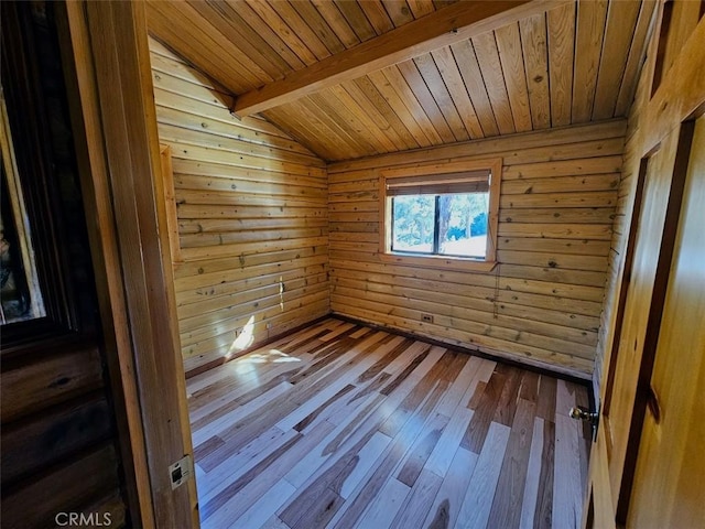 empty room featuring vaulted ceiling with beams, wooden walls, wooden ceiling, and hardwood / wood-style flooring