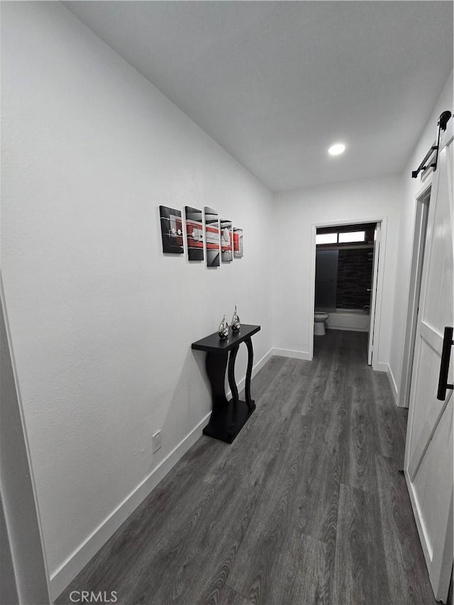 corridor with a barn door and dark hardwood / wood-style floors