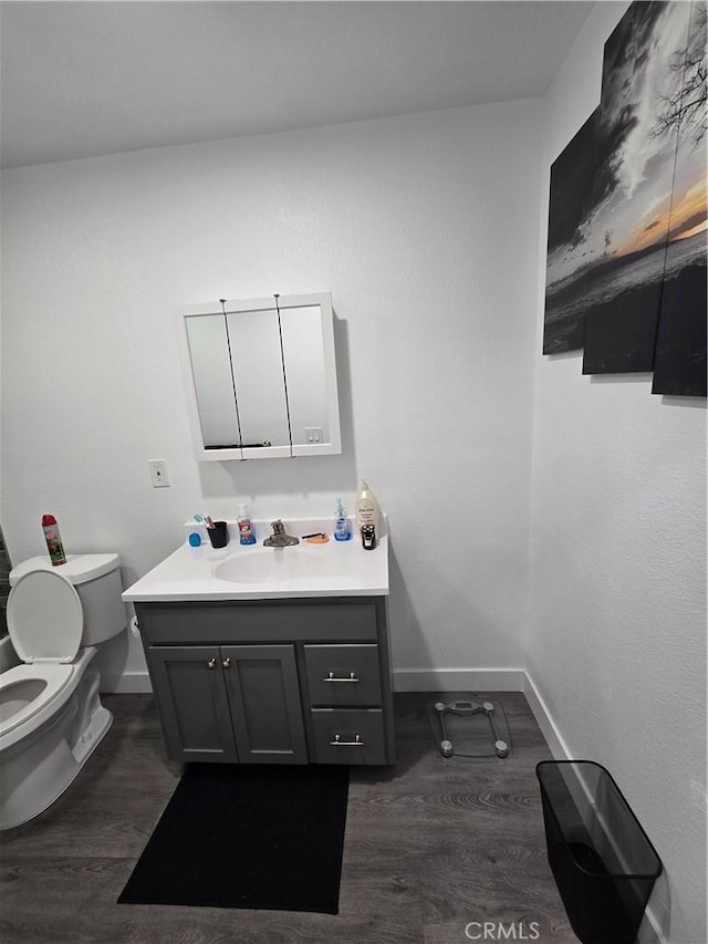 bathroom featuring vanity, wood-type flooring, and toilet