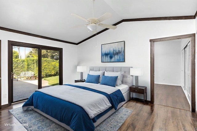 bedroom with dark wood-type flooring, access to outside, vaulted ceiling, and ceiling fan