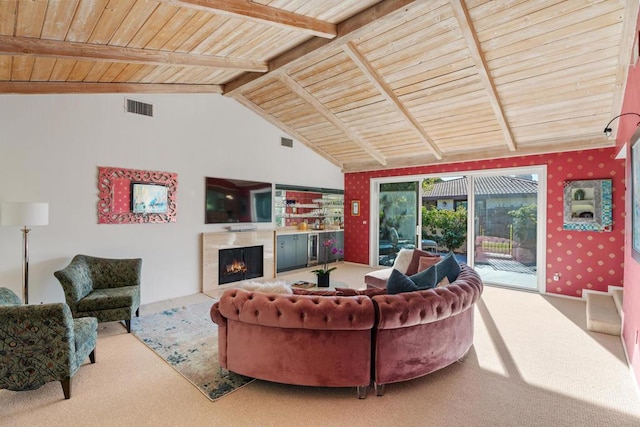 carpeted living room with high vaulted ceiling, beamed ceiling, and wooden ceiling