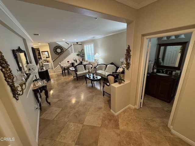 corridor featuring crown molding and sink