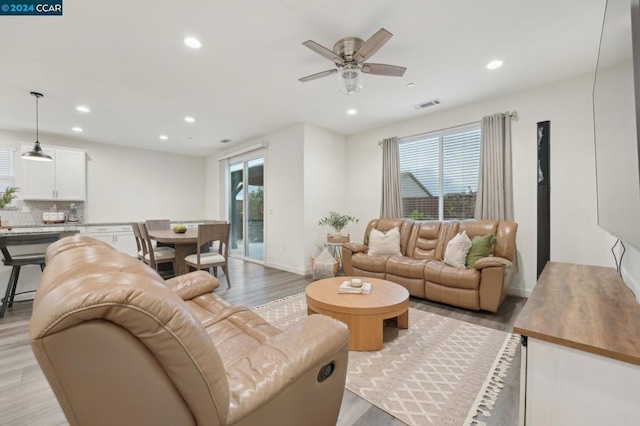 living room with ceiling fan and light wood-type flooring