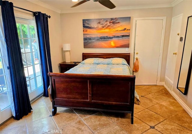 bedroom featuring ceiling fan and ornamental molding