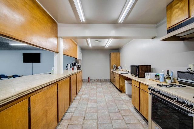 kitchen with gas range oven and exhaust hood