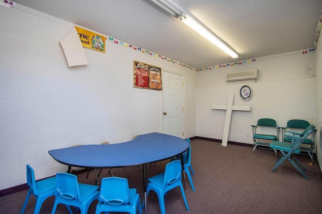 carpeted dining room featuring a wall mounted air conditioner