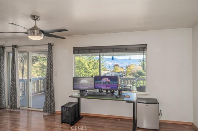 office space with ceiling fan, plenty of natural light, and dark hardwood / wood-style floors