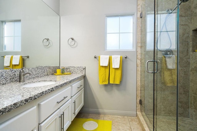 bathroom featuring tile patterned flooring, vanity, and walk in shower