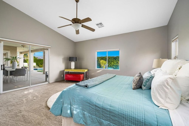 carpeted bedroom featuring access to outside, ceiling fan, and lofted ceiling