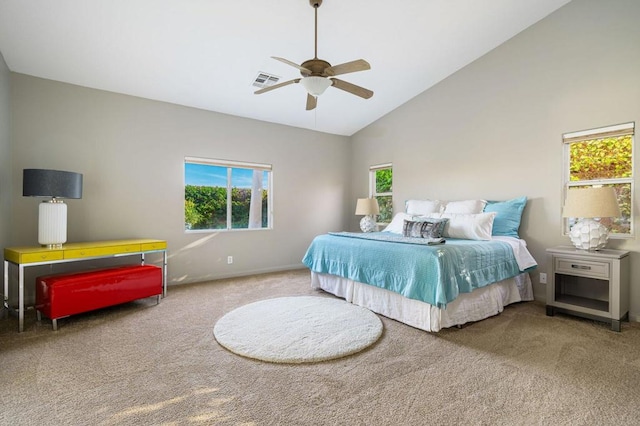 bedroom featuring carpet floors, high vaulted ceiling, and ceiling fan