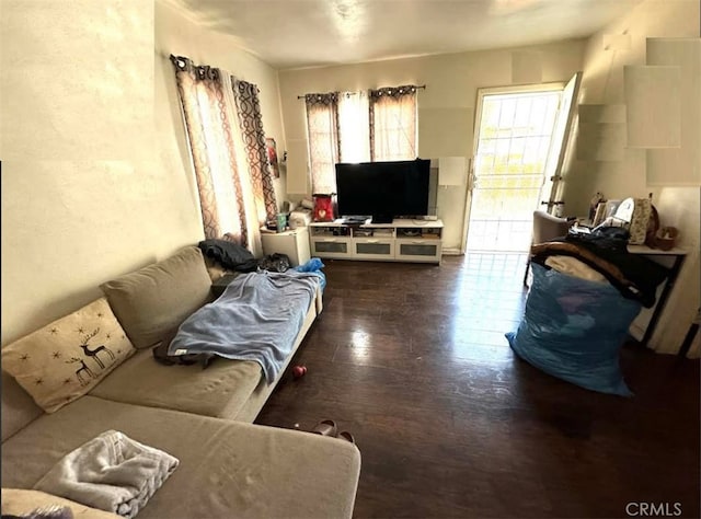 living room with dark wood-type flooring