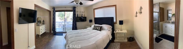 bedroom with dark wood-type flooring and ceiling fan