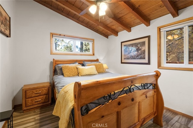 bedroom featuring lofted ceiling with beams, wooden ceiling, wood finished floors, a ceiling fan, and baseboards