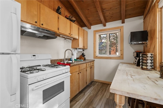 kitchen with vaulted ceiling with beams, wooden ceiling, a sink, white appliances, and under cabinet range hood