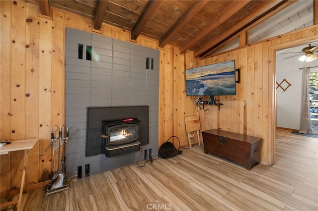 living area with lofted ceiling with beams, wooden walls, wood finished floors, wood ceiling, and a wood stove