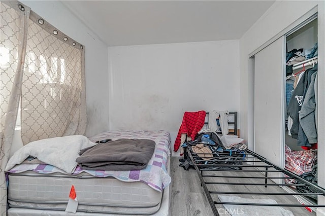 bedroom with hardwood / wood-style floors and a closet