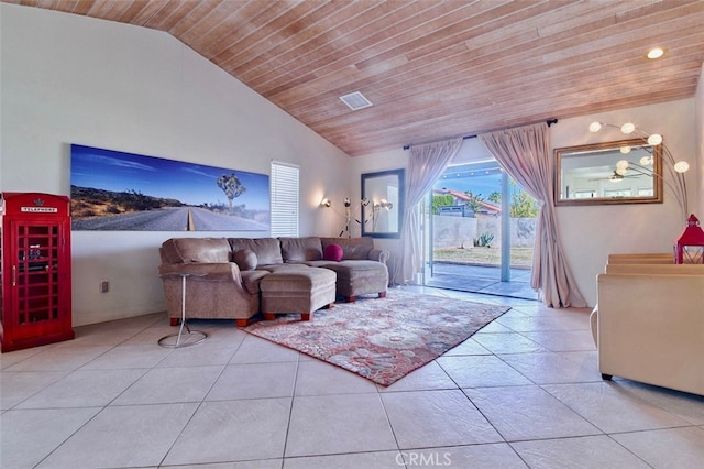 tiled living room featuring high vaulted ceiling and wood ceiling