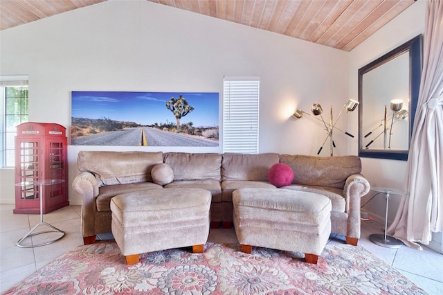 living room featuring light tile patterned floors, wooden ceiling, and lofted ceiling