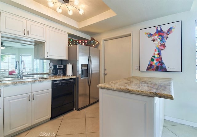 kitchen with white cabinetry, dishwasher, sink, stainless steel fridge with ice dispenser, and light tile patterned floors