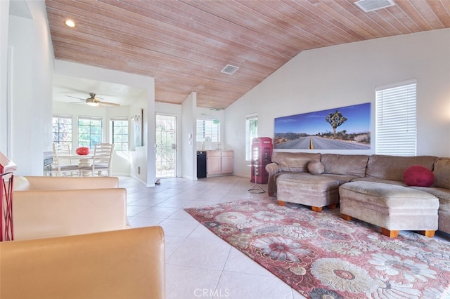 living room featuring light tile patterned floors, ceiling fan, lofted ceiling, and wood ceiling