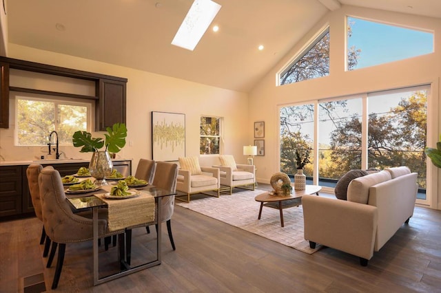 living room with a skylight, sink, dark wood-type flooring, high vaulted ceiling, and beamed ceiling