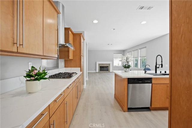 kitchen with sink, stainless steel appliances, and light hardwood / wood-style flooring