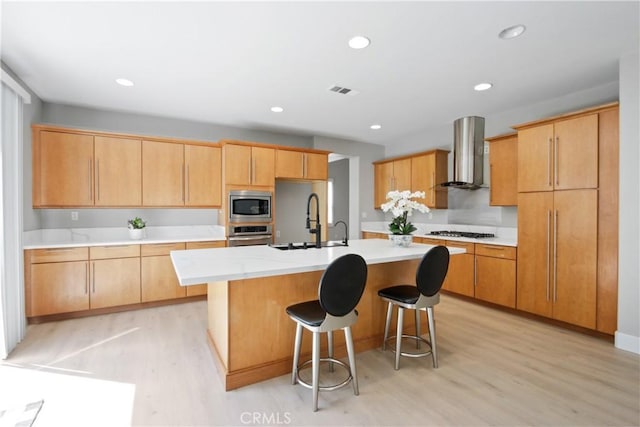 kitchen with sink, wall chimney exhaust hood, light hardwood / wood-style flooring, an island with sink, and appliances with stainless steel finishes