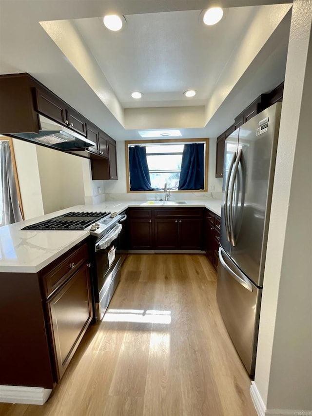 kitchen featuring sink, light hardwood / wood-style flooring, light stone counters, kitchen peninsula, and stainless steel appliances