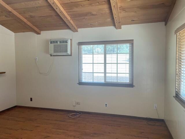 empty room with dark hardwood / wood-style floors, lofted ceiling with beams, wood ceiling, and a wall mounted AC