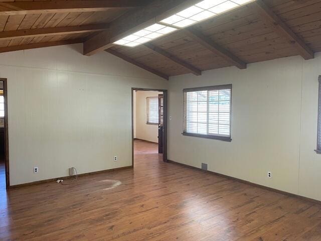 empty room with wooden ceiling, hardwood / wood-style floors, and lofted ceiling with beams