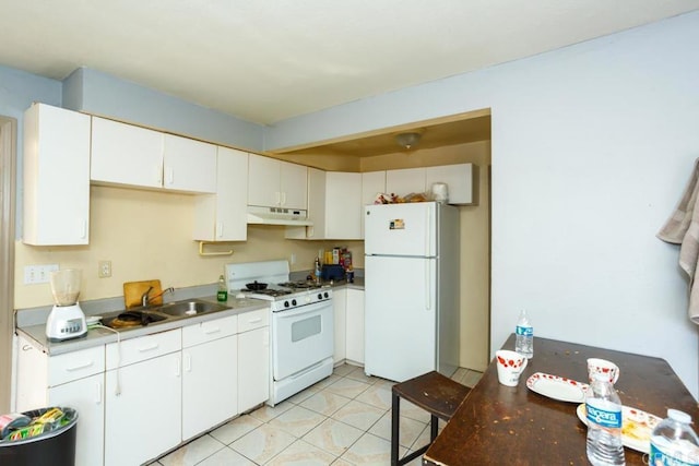 kitchen featuring white cabinetry, white appliances, sink, and light tile patterned floors