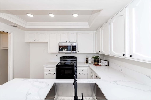 kitchen with white cabinetry, black electric range oven, a raised ceiling, and light stone countertops