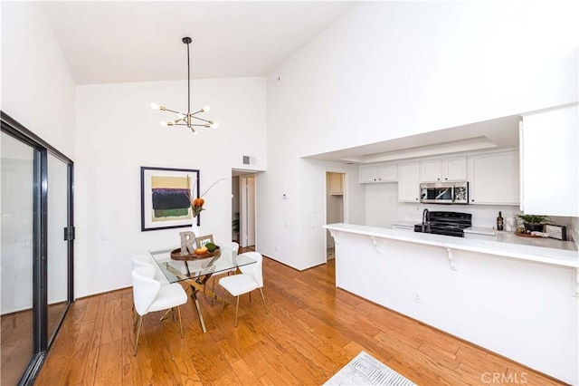 kitchen featuring white cabinetry, an inviting chandelier, hanging light fixtures, kitchen peninsula, and black electric range