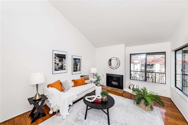 living room featuring vaulted ceiling and wood-type flooring