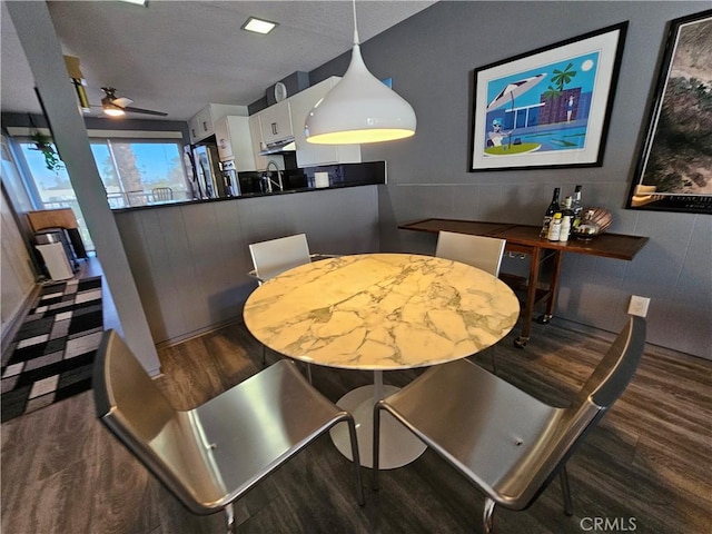 dining room with dark hardwood / wood-style flooring and ceiling fan