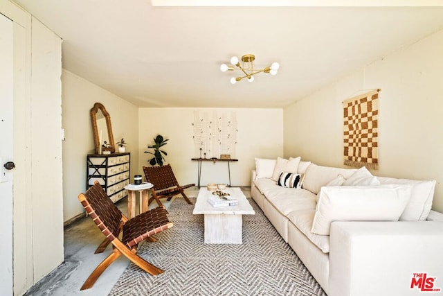 living room featuring a notable chandelier