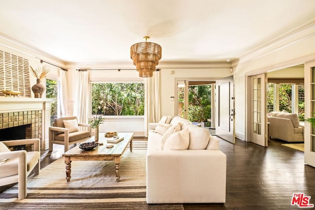 living room with a notable chandelier, dark hardwood / wood-style flooring, ornamental molding, and a wealth of natural light