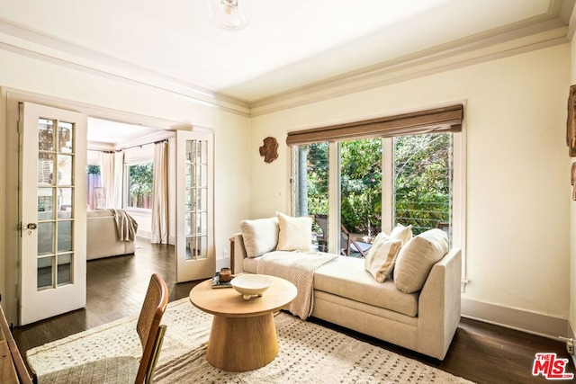 living area with plenty of natural light, dark hardwood / wood-style floors, and french doors