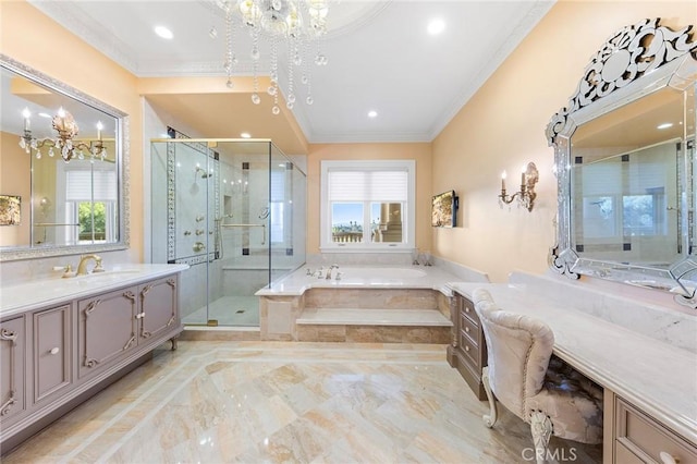 bathroom featuring plus walk in shower, vanity, a chandelier, and crown molding