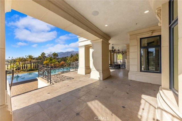 view of patio with a mountain view