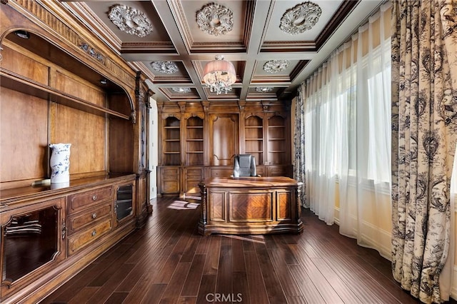 office featuring beamed ceiling, dark hardwood / wood-style flooring, crown molding, and coffered ceiling