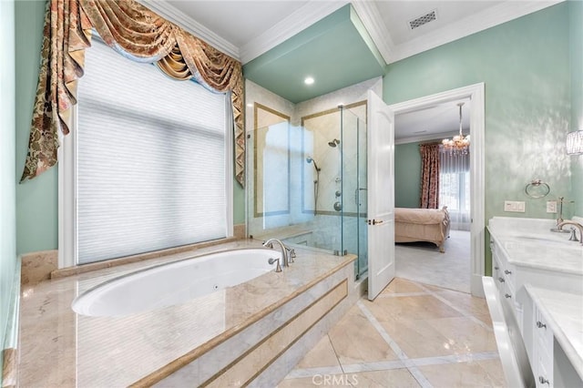 bathroom featuring vanity, crown molding, plus walk in shower, and a chandelier