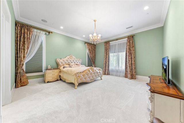 carpeted bedroom featuring crown molding and a notable chandelier