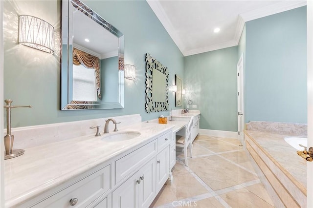 bathroom with a bathing tub, vanity, and crown molding