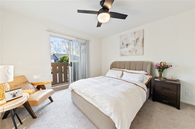 bedroom featuring access to outside, baseboards, a ceiling fan, and carpet