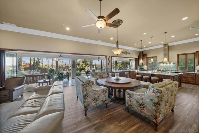 living room featuring a wealth of natural light, ceiling fan, and dark hardwood / wood-style floors