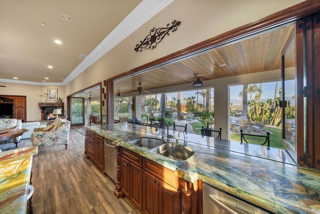 kitchen featuring wooden ceiling, dark wood-type flooring, crown molding, sink, and stone countertops